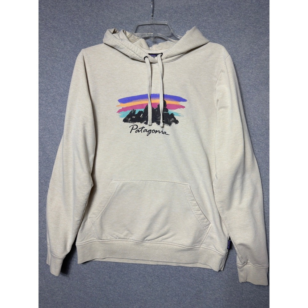 Patagonia Organic Cotton Hoodie‎ Beige Graphic Mountain Logo Pullover Women's L